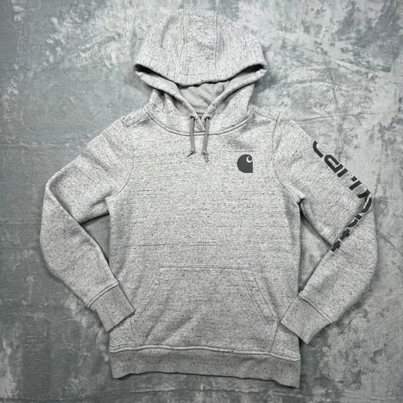 Carhartt Hoodie Women XS Grey Relaxed Fit Logo Sleeve Graphic Sweatshirt - Picture 1 of 13
